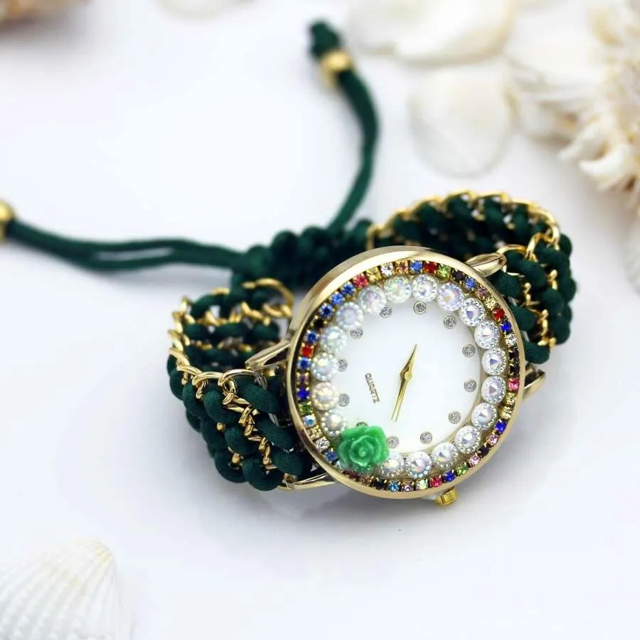 Women Hand-Knitted Fabric Rose Sparkly Rhinestone Wrist Watches