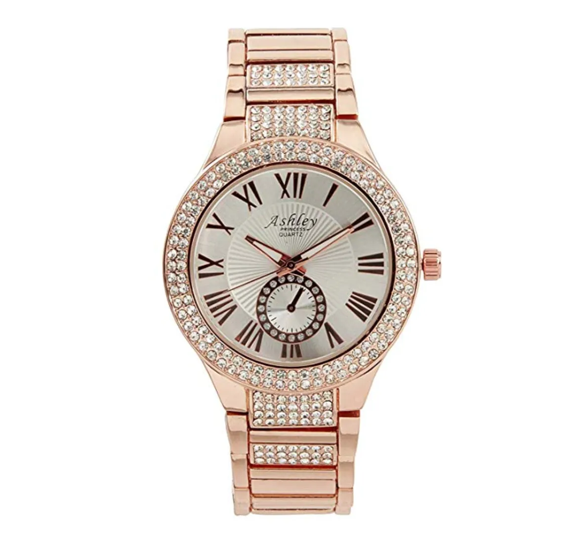 Women's Rose Gold Diamond Watch Set Heart Earring Studs Silver Gift Mother Wife Jewelry Bundle