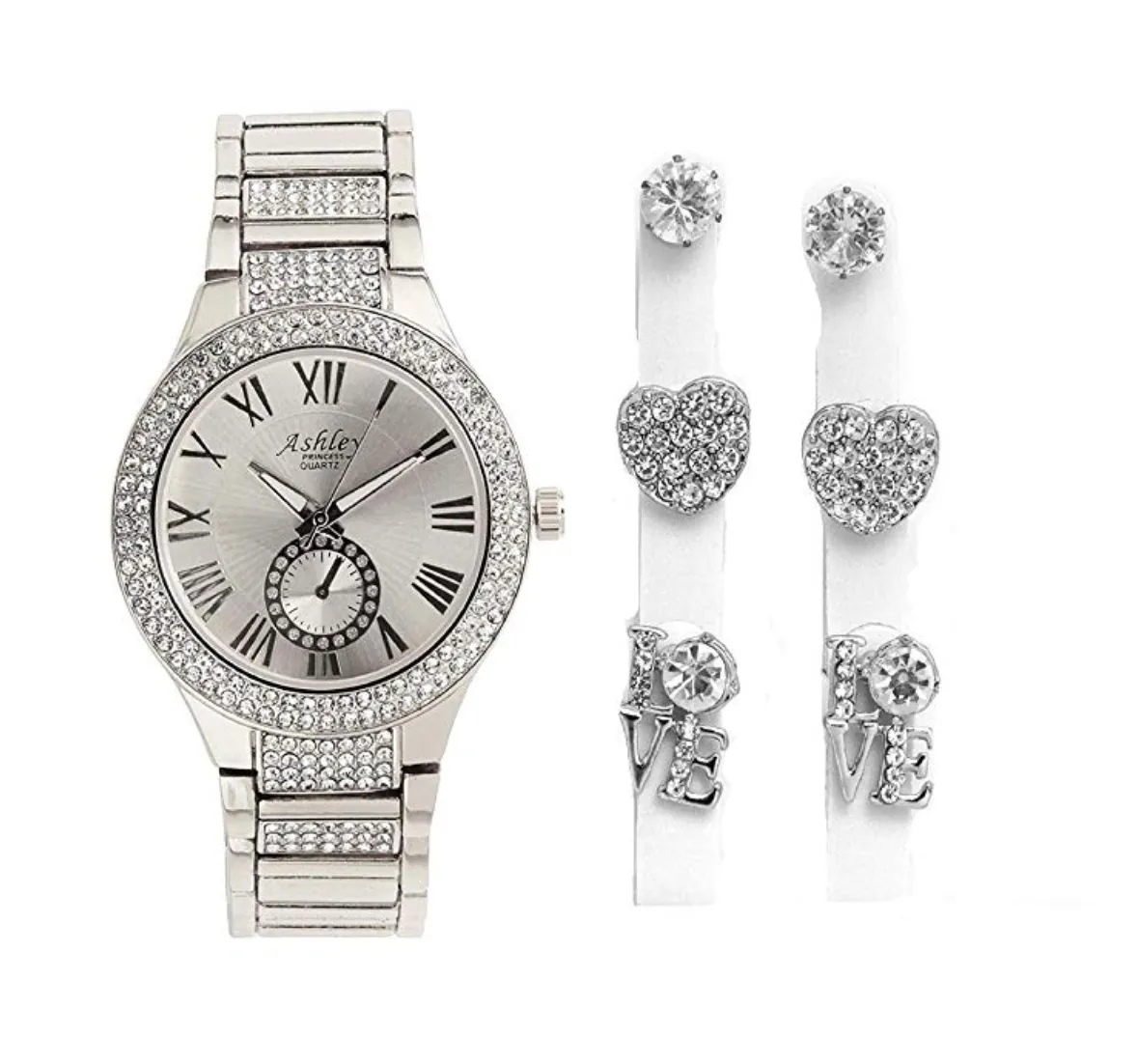 Women's Rose Gold Diamond Watch Set Heart Earring Studs Silver Gift Mother Wife Jewelry Bundle