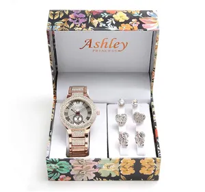 Women's Rose Gold Diamond Watch Set Heart Earring Studs Silver Gift Mother Wife Jewelry Bundle